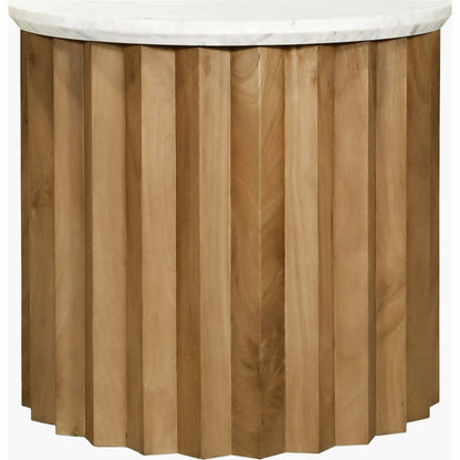 Piestra End Table by Surya in white, brown and natural, marbled. Made from top: marble, base: mango wood in a modern style.