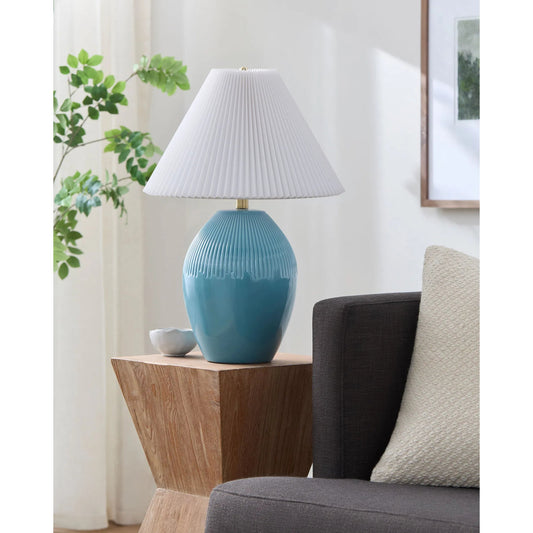 Padstow Accent Table Lamp by Livabliss in metallic, glazed. Made from ceramic, linen, polyester, iron in a unique style.