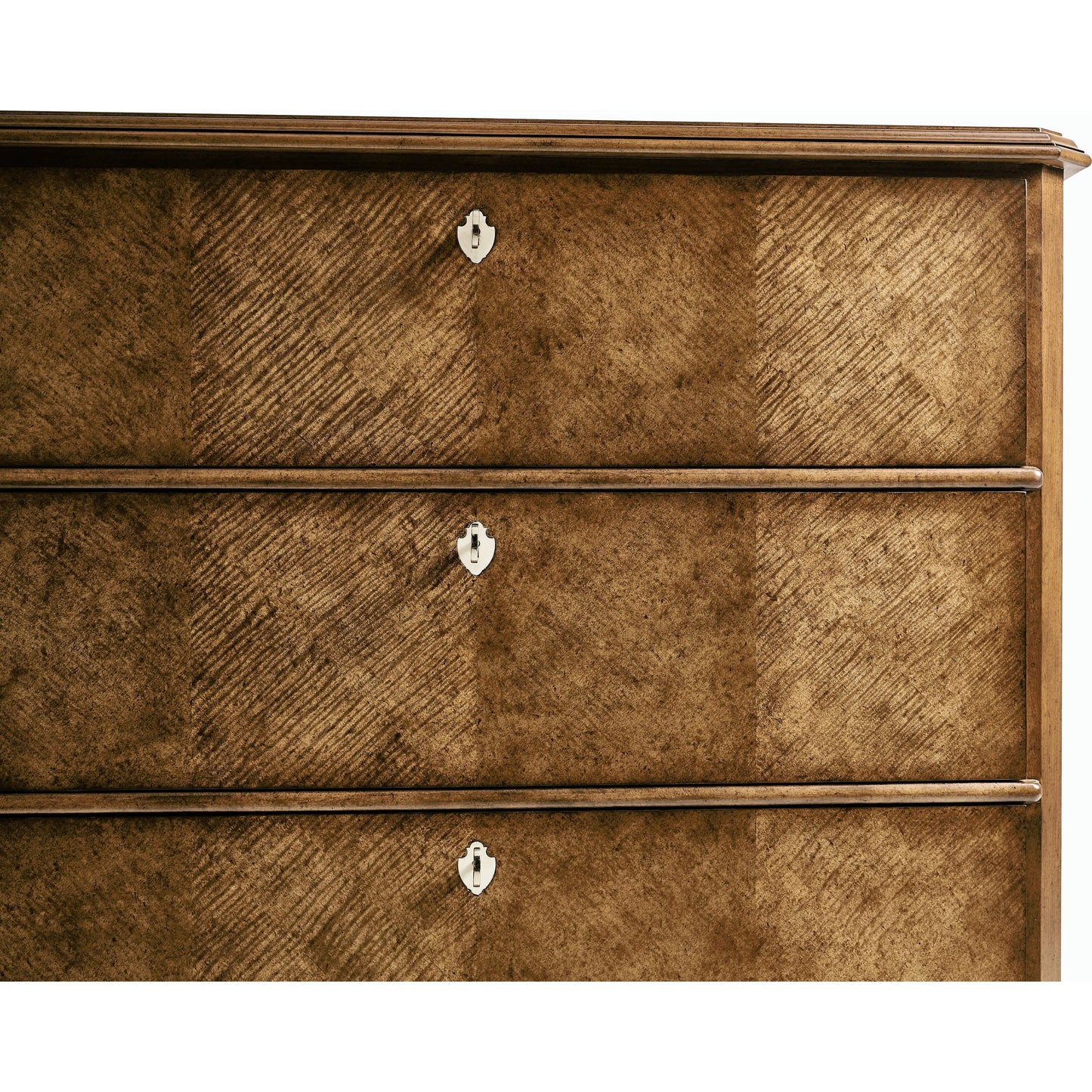 004 SI-2186337 | Closeup | Eastcote Chest of Drawers by Jonathan Charles in brown and sycamore carmel brown. Made from solid maple, sycamore quartered veneer, faux bone, metal in a modern style.