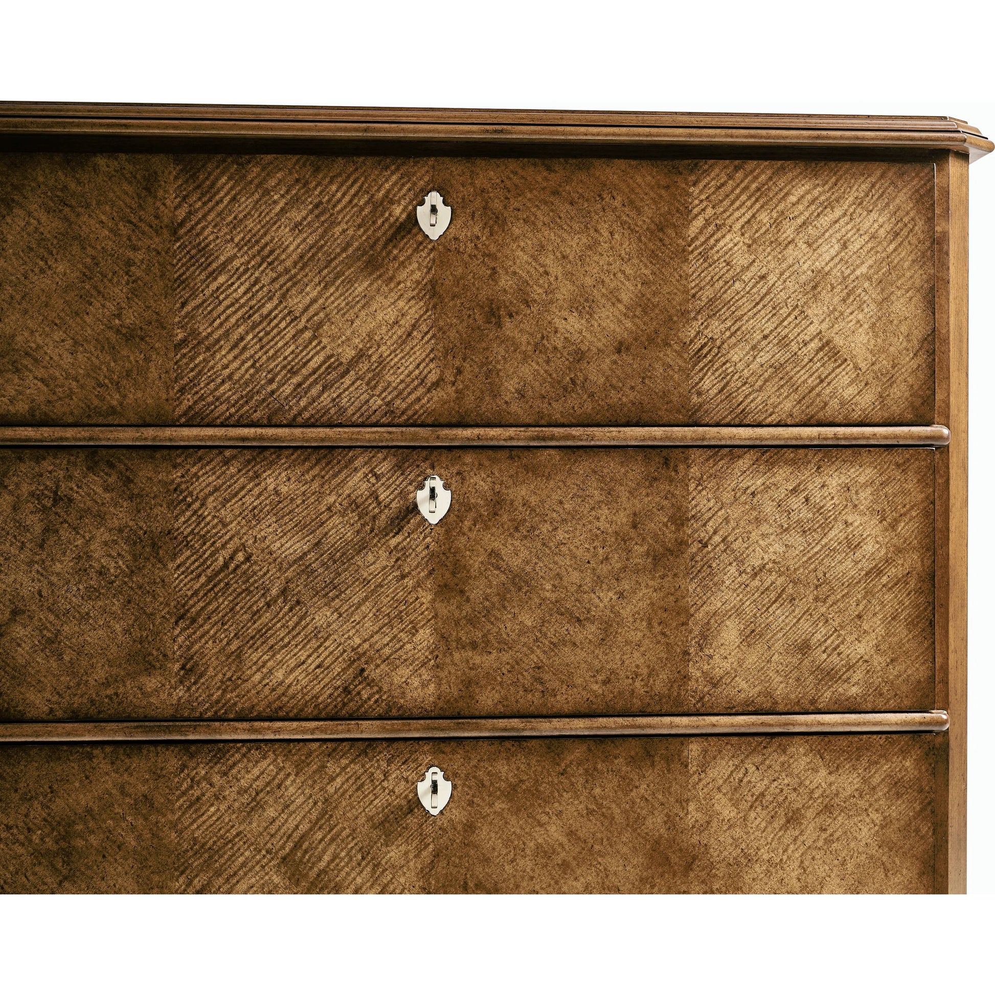 Eastcote Chest of Drawers by Jonathan Charles in brown and sycamore carmel brown. Made from solid maple, sycamore quartered veneer, faux bone, metal in a modern style.