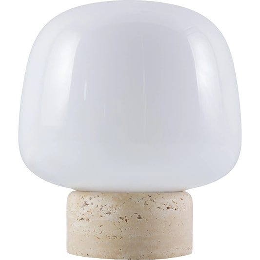 Portio Accent Table Lamp by Livabliss in body: beige; shade: white; cord: black and natural. Made from travertine, glass in a unique style.