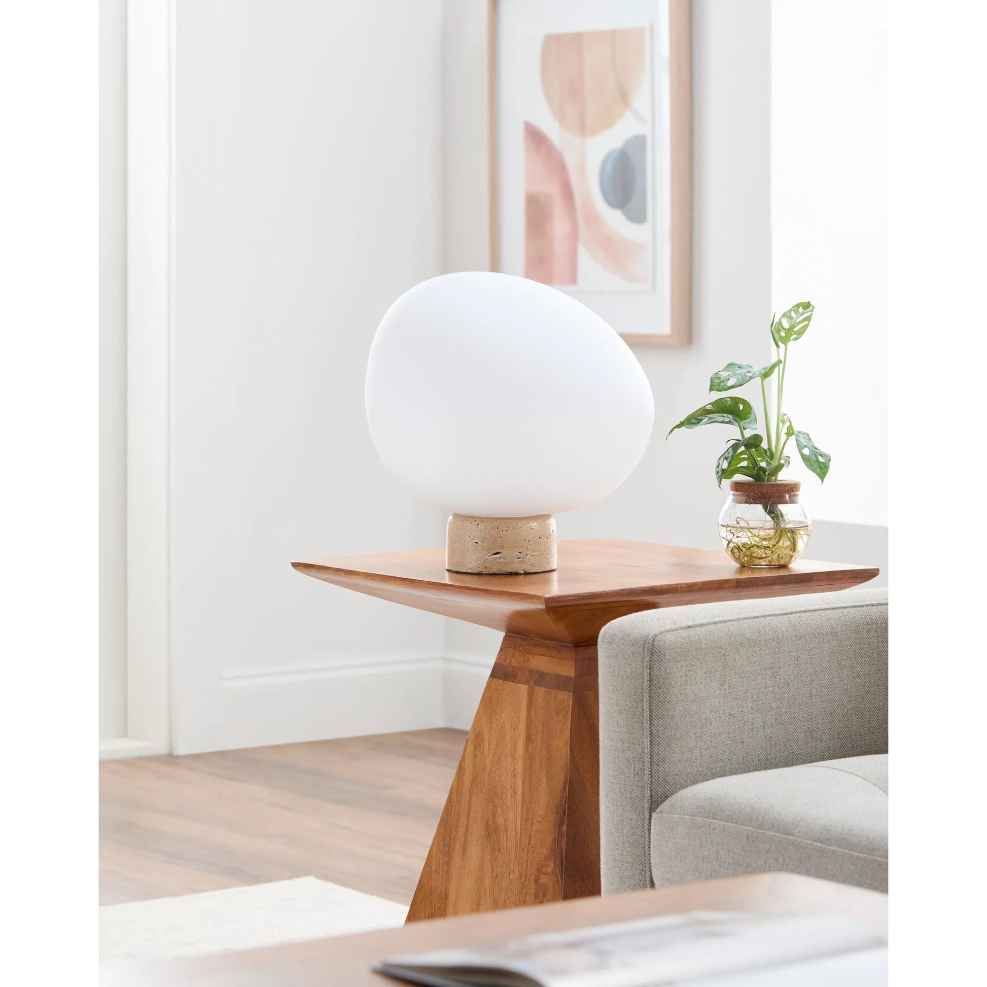 Portio II Accent Table Lamp by Livabliss in beige. Made from travertine, glass in a transitional style.