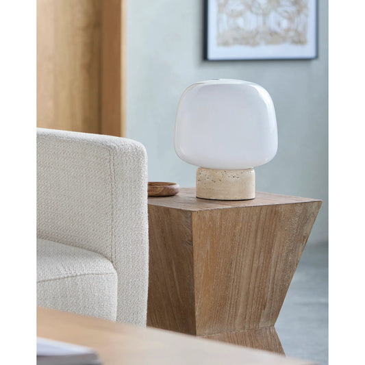Portio Accent Table Lamp by Livabliss in body: beige; shade: white; cord: black and natural. Made from travertine, glass in a unique style.
