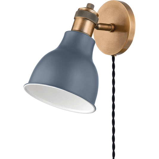 Makin 1-Light Plug-In Sconce by Troy in patina brass, slate blue. Made from brass in a modern style.