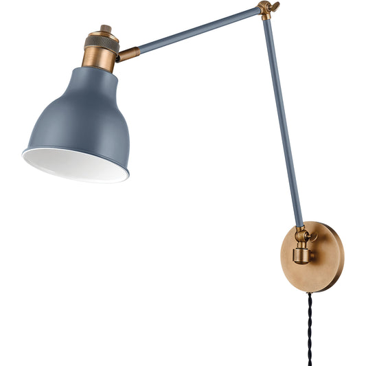 Makin Articulating 1-Light Plug-In Sconce by Troy in patina brass, slate blue. Made from brass in a modern style.