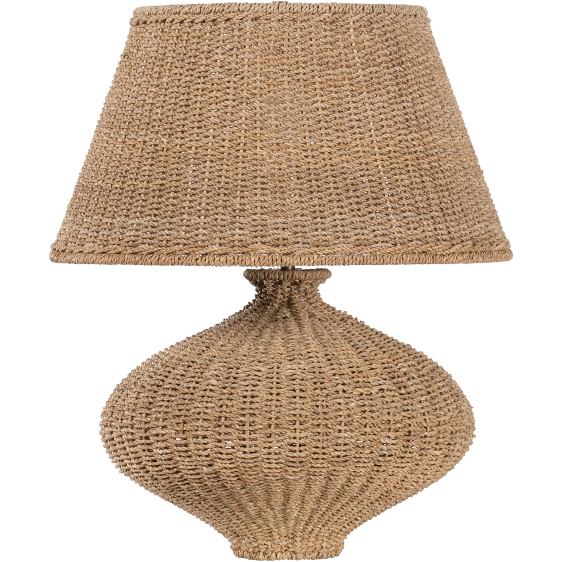 Nette Table Lamp by Troy in patina brass. Made from natural woven in a rustic style.