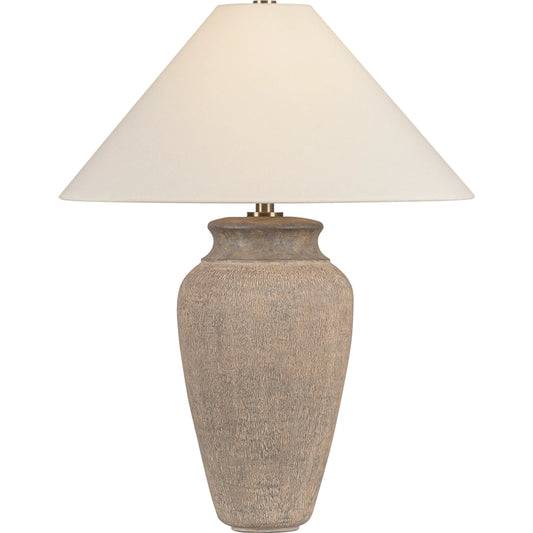 Vessel Table Lamp by Troy in patina brass, ceramic textural umber. Made from unique in a transitional style.