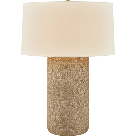 Roan Table Lamp by Troy in patina brass. Made from natural woven in a unique style.