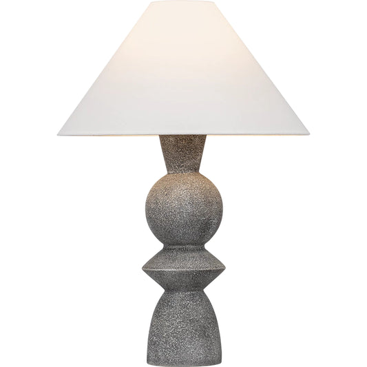 Cyrah Table Lamp by Troy in patina brass, ceramic lunar grey. Made from ceramic in a unique style.
