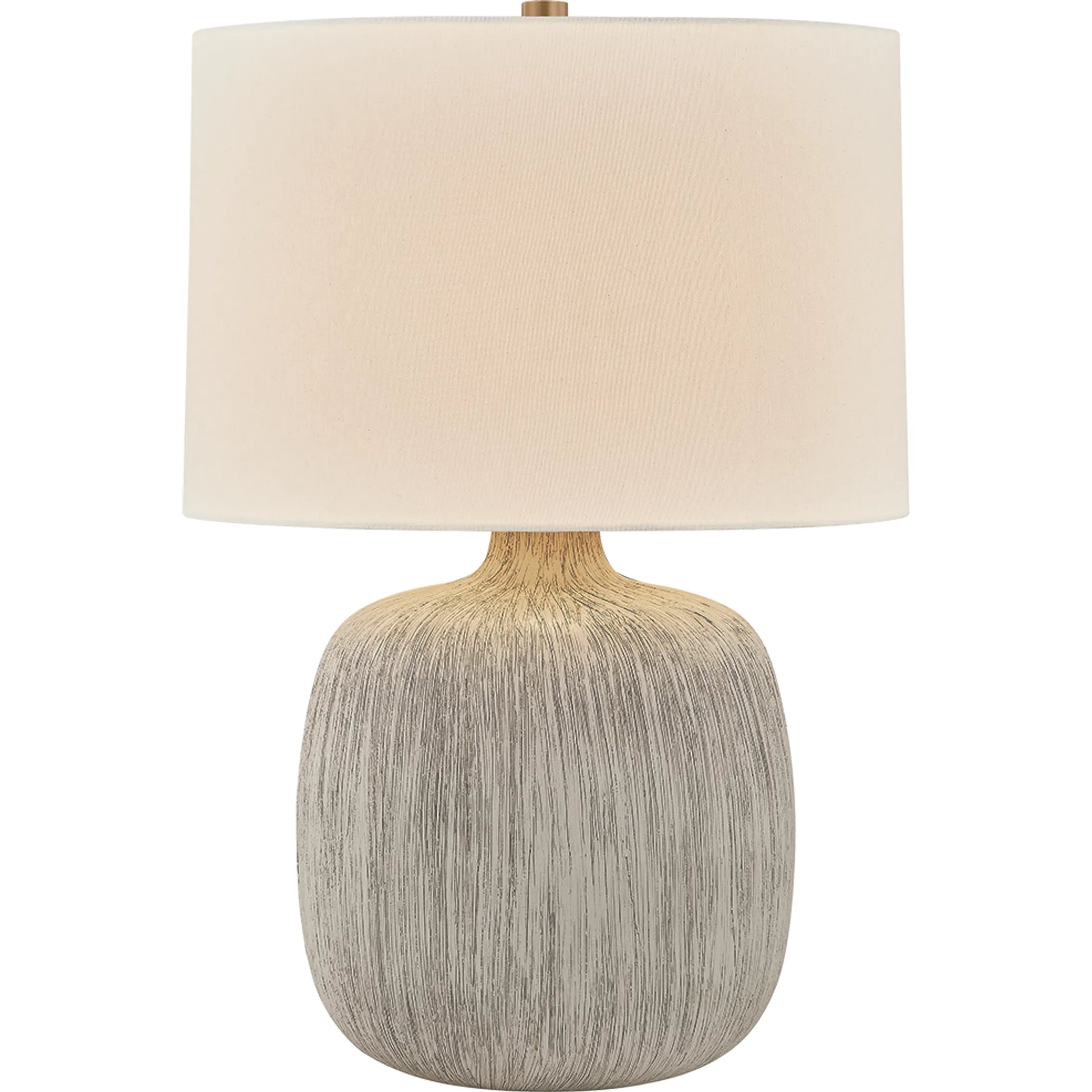 Keagan Table Lamp by Troy in patina brass, ceramic stria wheat. Made from ceramic in a unique style.