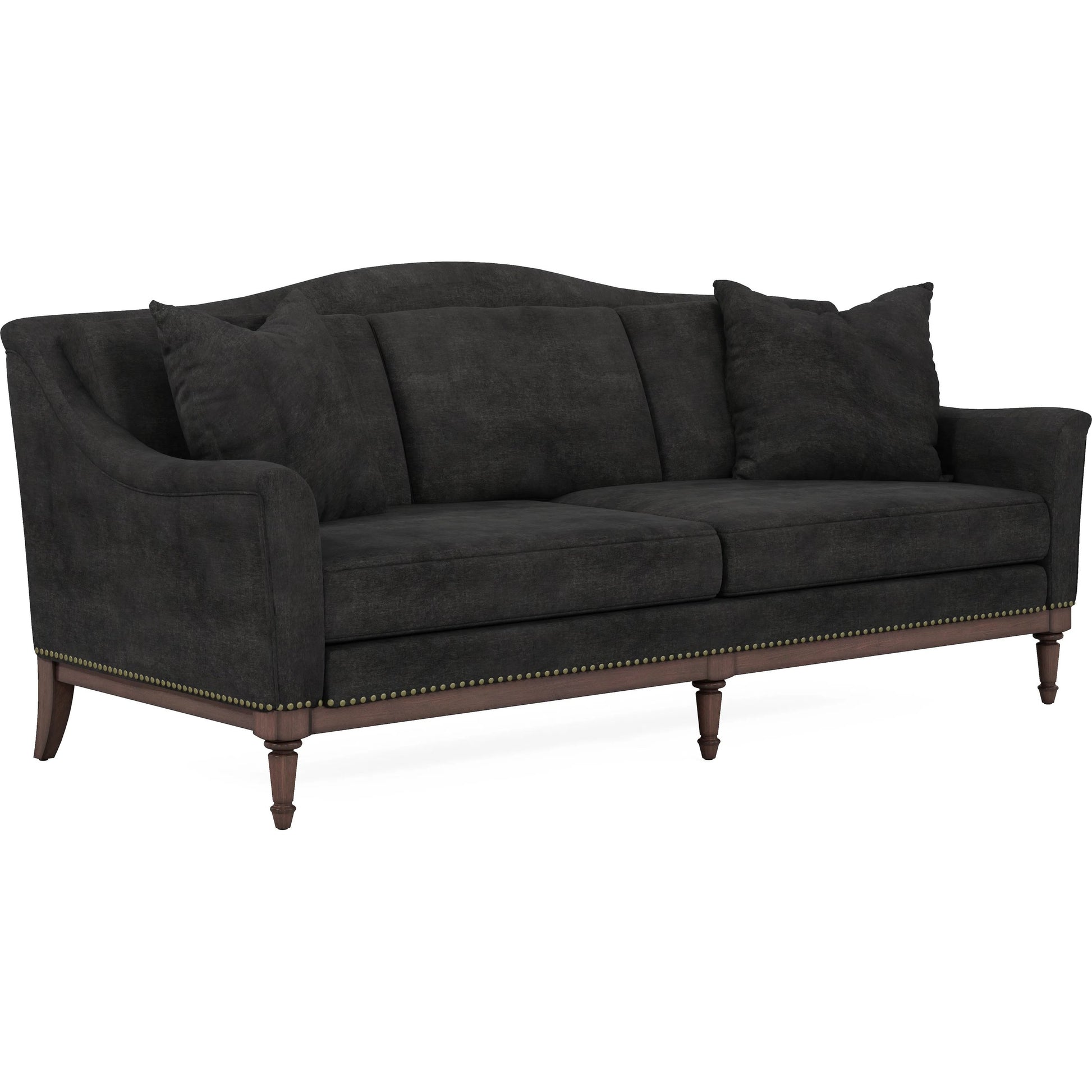 Magritte Sofa by A.R.T. Furniture in charcoal and napa mahogany. Made from rubberwood solids, foam, fabric, metal in a traditional style.