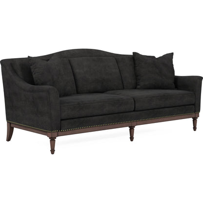 Magritte Sofa by A.R.T. Furniture in charcoal and napa mahogany. Made from rubberwood solids, foam, fabric, metal in a traditional style.