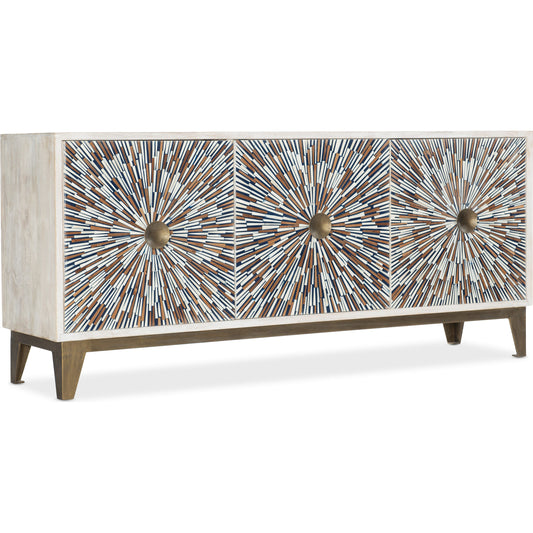 Melange Liberty Entertainment Console by Hooker Furniture in light wood. Made from mango wood with bone inlay, iron in a transitional style.