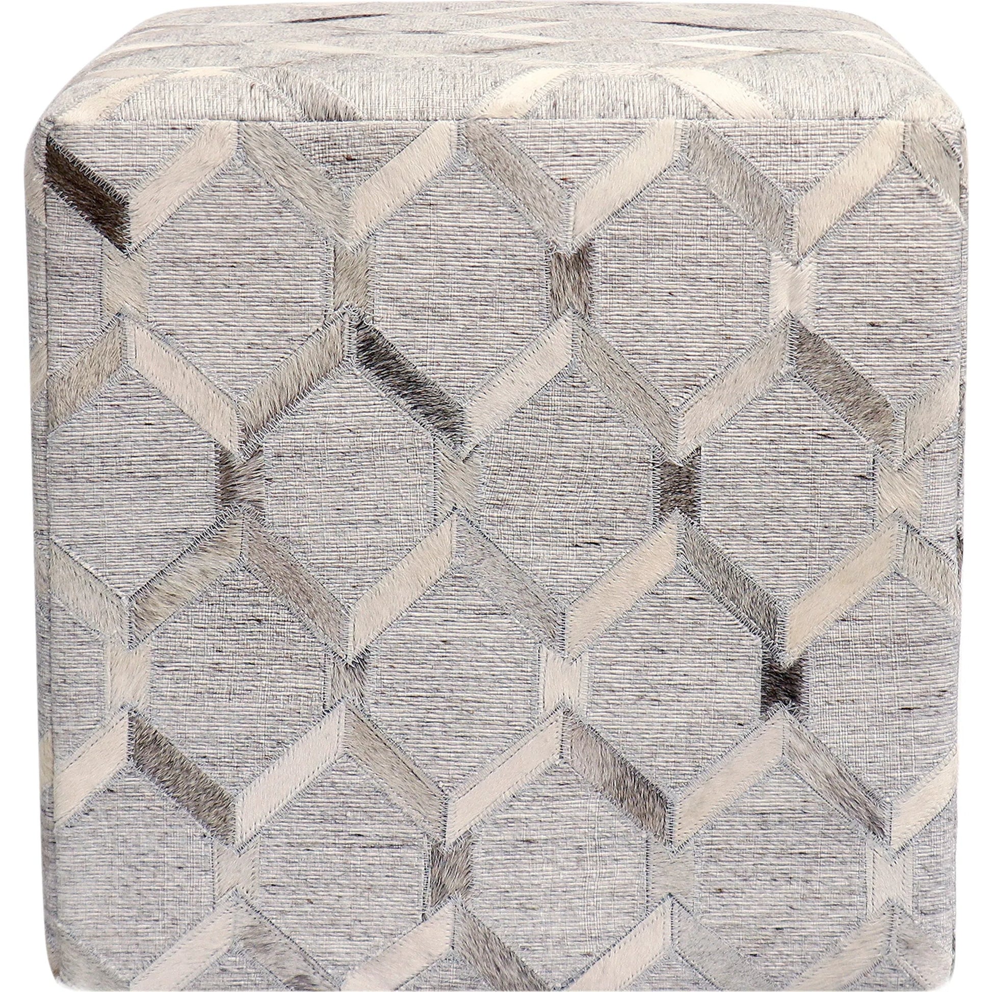 Galaxy Geometric Cowhide Ottoman by Pasargad Home in silver. Made from cowhide in a eclectic & global style.
