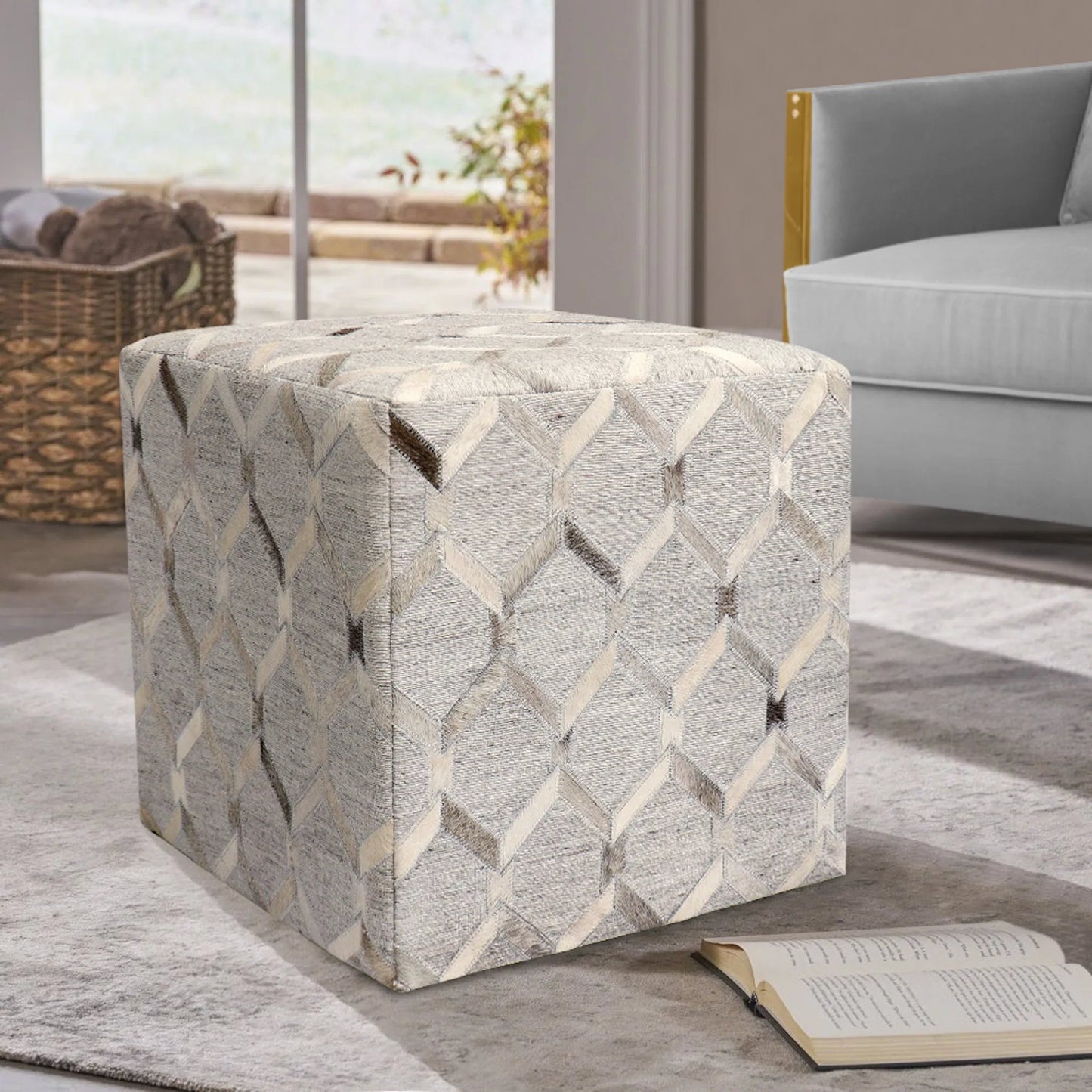 005 SI-2388483 | Lifestyle | Galaxy Geometric Cowhide Ottoman by Pasargad Home in silver. Made from cowhide in a eclectic & global style.