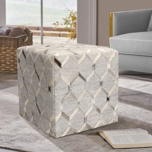 Galaxy Geometric Cowhide Ottoman by Pasargad Home in silver. Made from cowhide in a unique style.