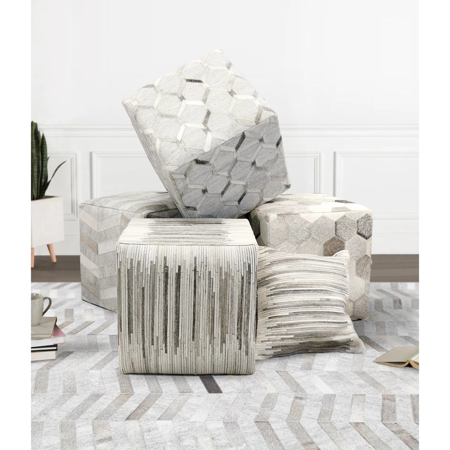 006 SI-2388483 | Lifestyle | Galaxy Geometric Cowhide Ottoman by Pasargad Home in silver. Made from cowhide in a eclectic & global style.