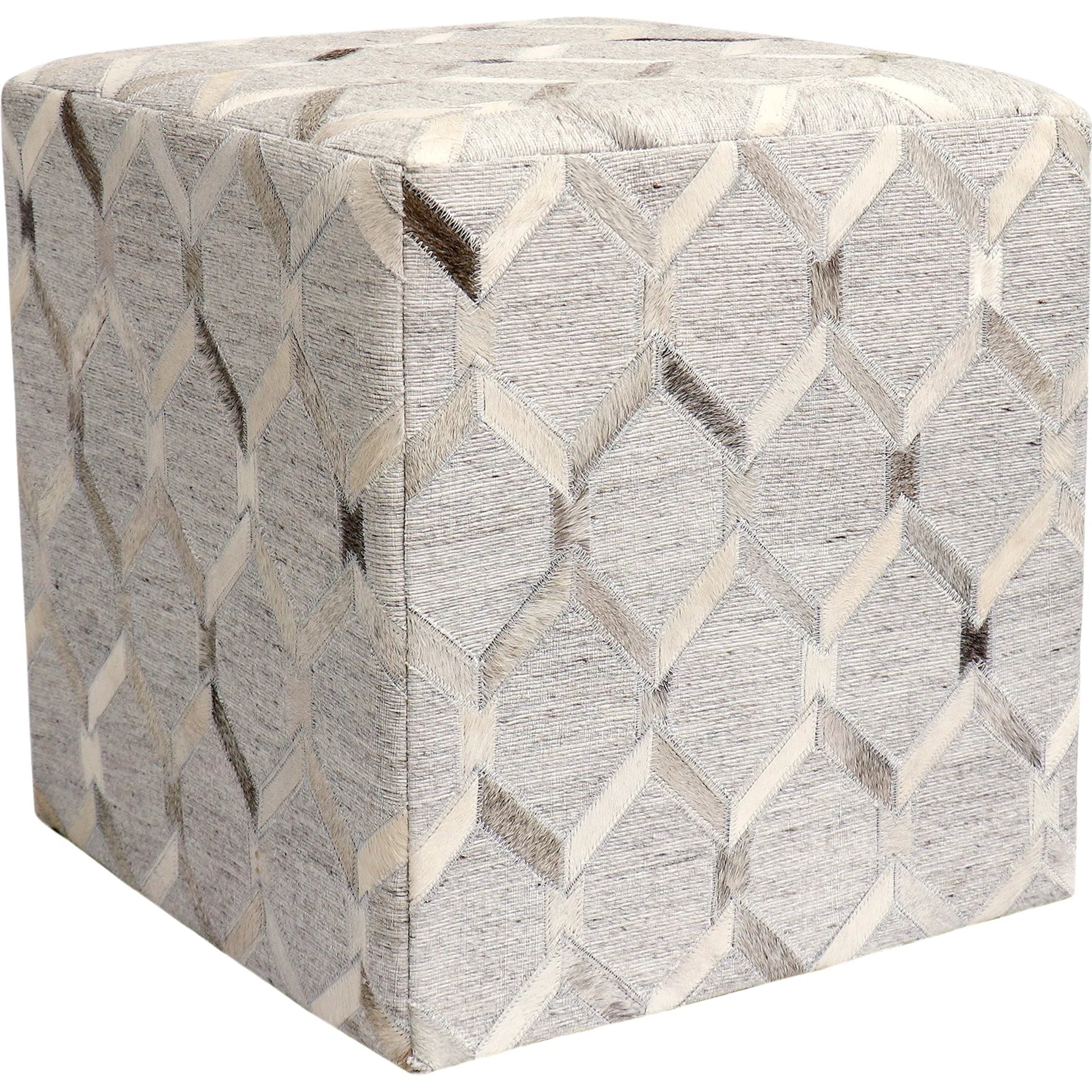 Galaxy Geometric Cowhide Ottoman by Pasargad Home in silver. Made from cowhide in a eclectic & global style.