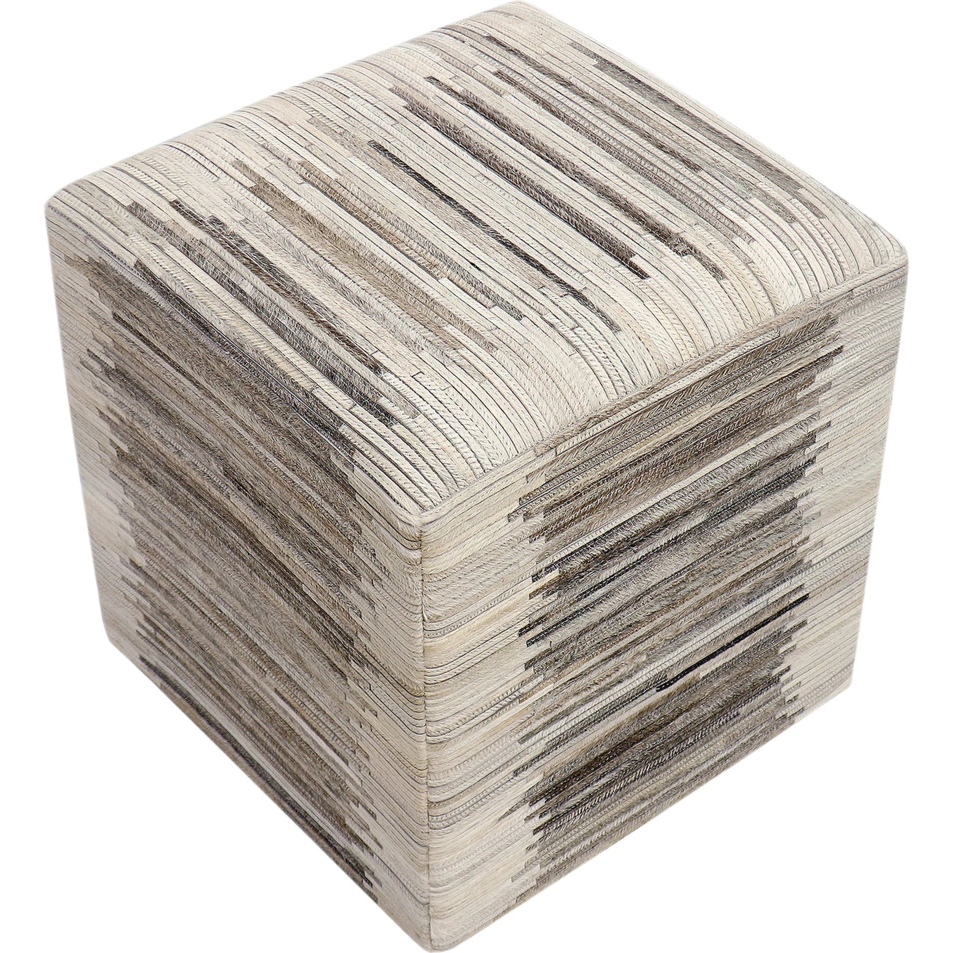 Galaxy Cowhide Striped Cube Ottoman by Pasargad Home in ivory. Made from cowhide in a eclectic & global style.