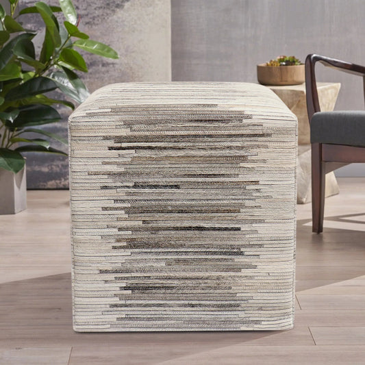 Galaxy Cowhide Striped Cube Ottoman by Pasargad Home in ivory. Made from cowhide in a unique style.