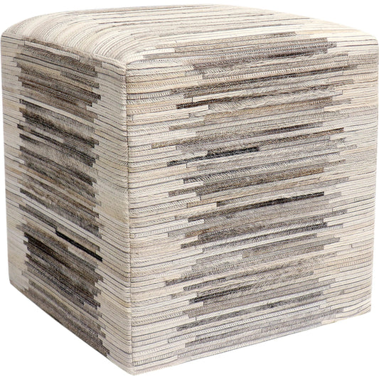 Galaxy Cowhide Striped Cube Ottoman by Pasargad Home in ivory. Made from cowhide in a unique style.