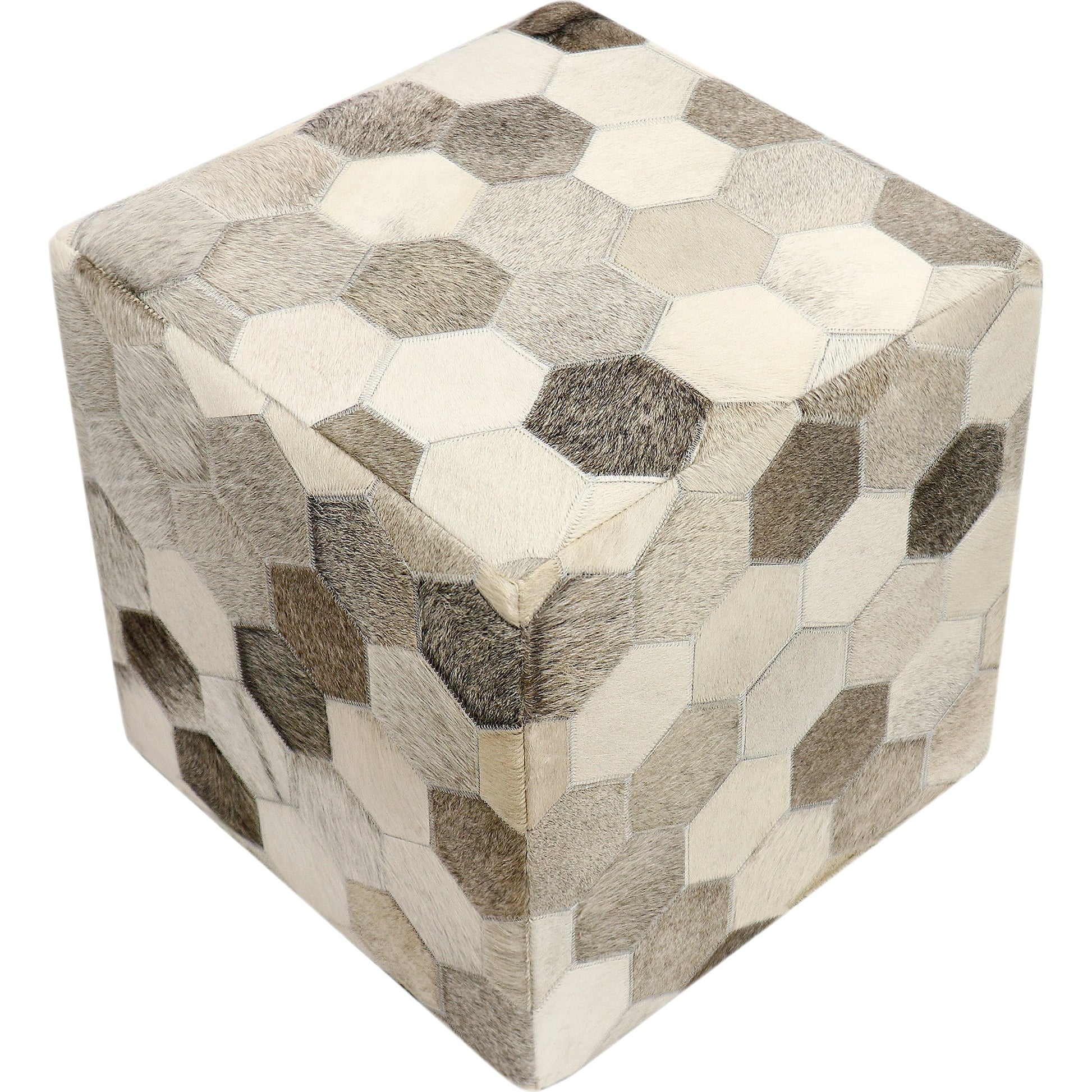 Galaxy Cowhide Ottoman by Pasargad Home in silver. Made from cowhide in a modern style.