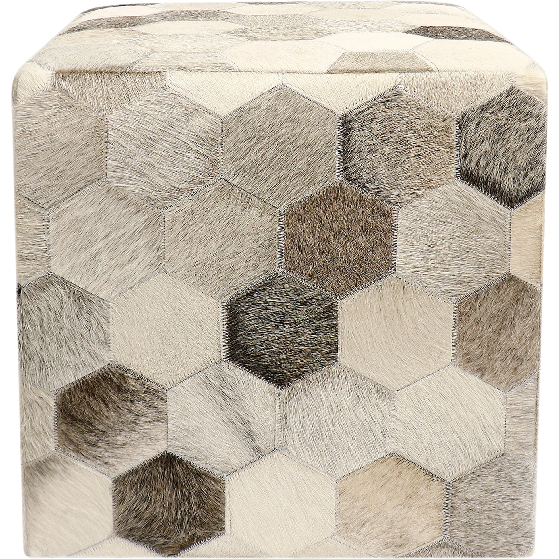 Galaxy Cowhide Ottoman by Pasargad Home in silver. Made from cowhide in a modern style.