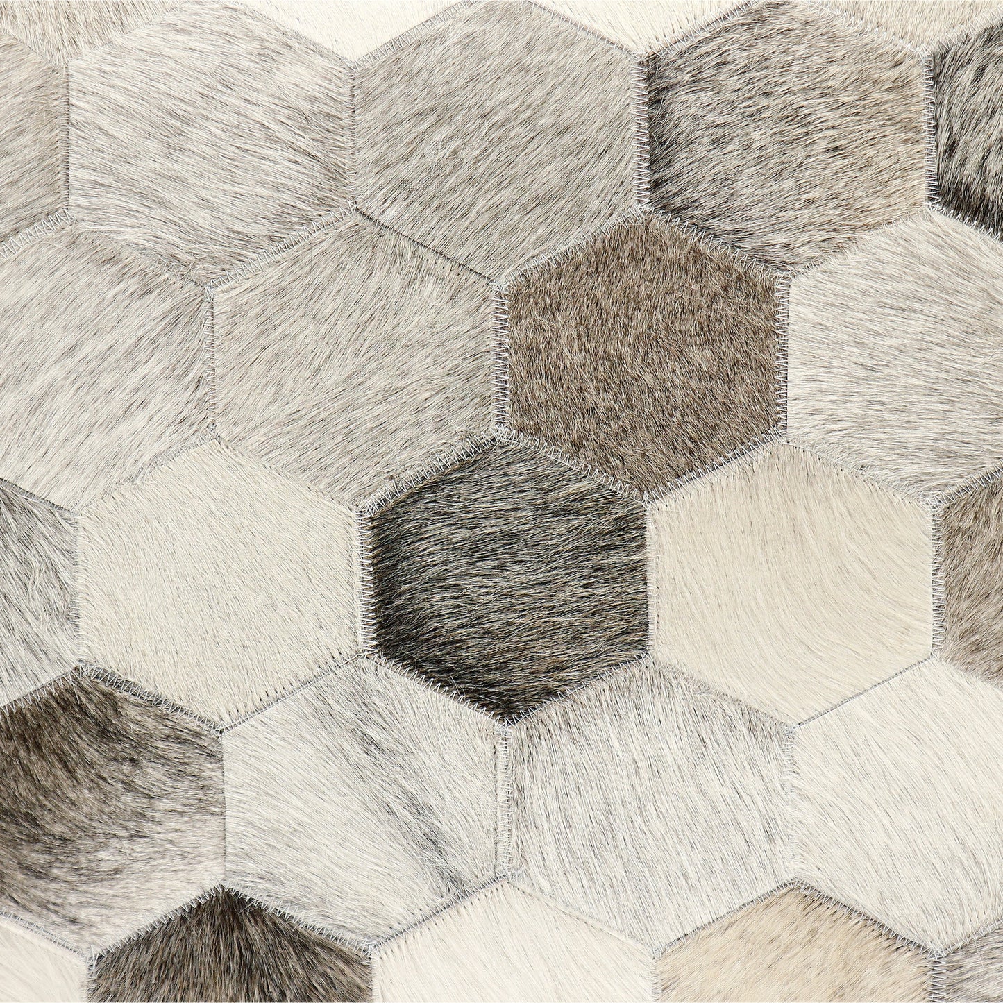 004 SI-1990602 | Closeup | Galaxy Cowhide Ottoman by Pasargad Home in silver. Made from cowhide in a modern style.