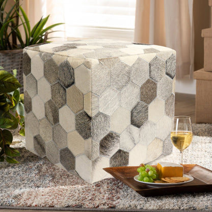 Galaxy Cowhide Ottoman by Pasargad Home in silver. Made from cowhide in a modern style.