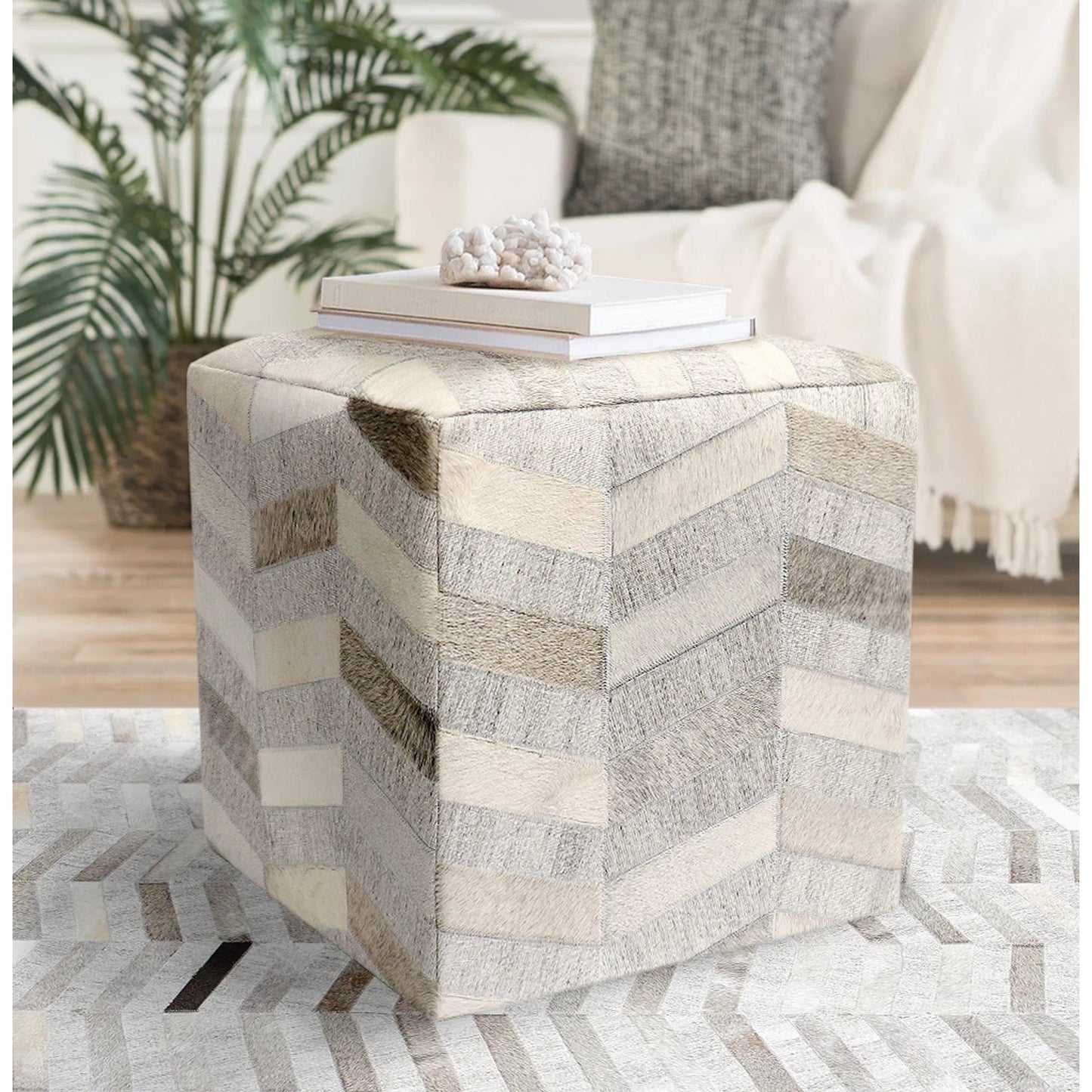 005 SI-2388481 | Lifestyle | Galaxy Cowhide Zig-Zag Cube Ottoman by Pasargad Home in silver. Made from cowhide, sari silk in a eclectic & global style.