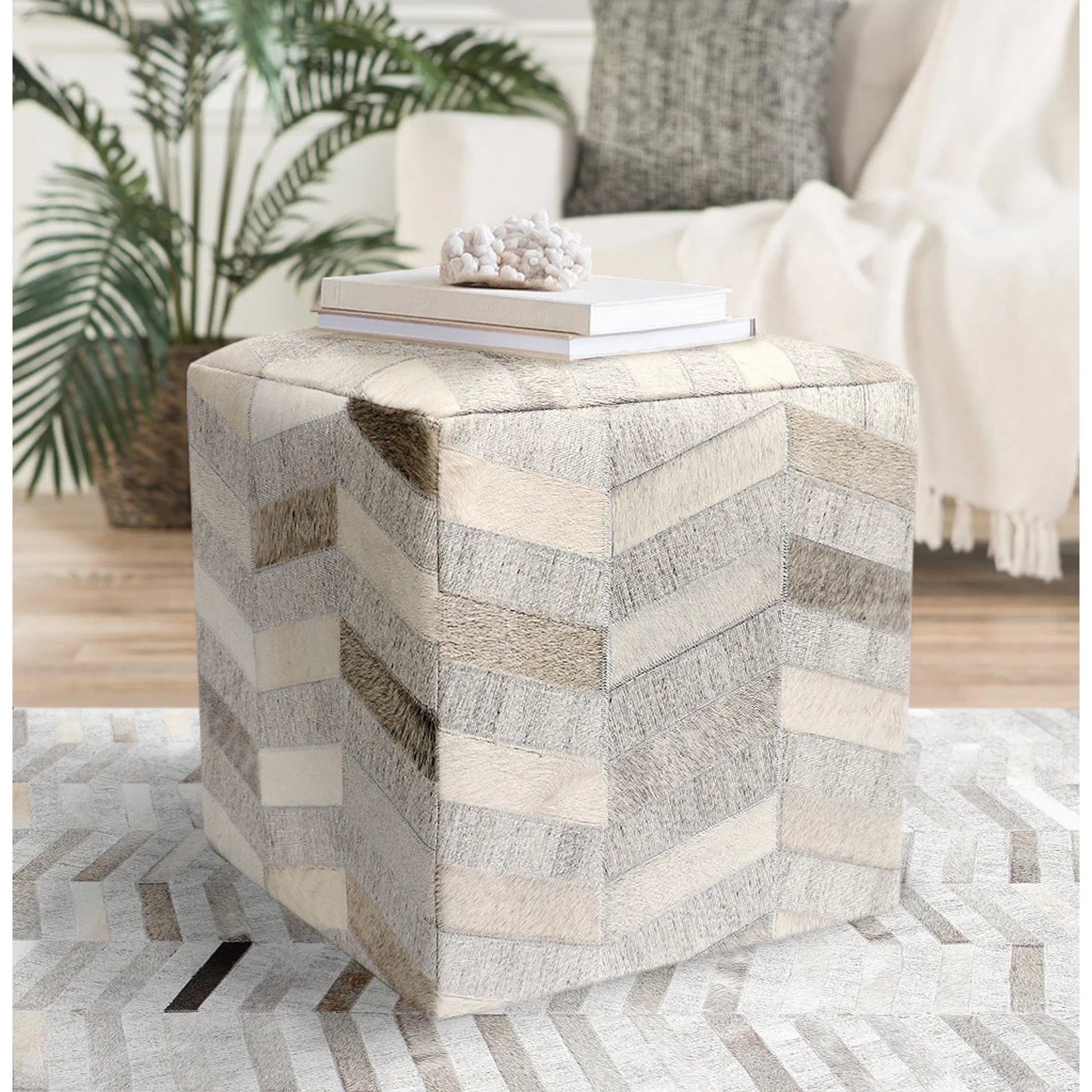 Galaxy Cowhide Zig-Zag Cube Ottoman by Pasargad Home in silver. Made from cowhide, sari silk in a eclectic & global style.