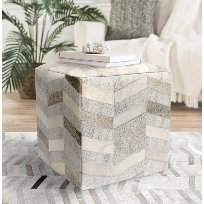 Galaxy Cowhide Zig-Zag Cube Ottoman by Pasargad Home in silver. Made from cowhide, sari silk in a eclectic & global style.