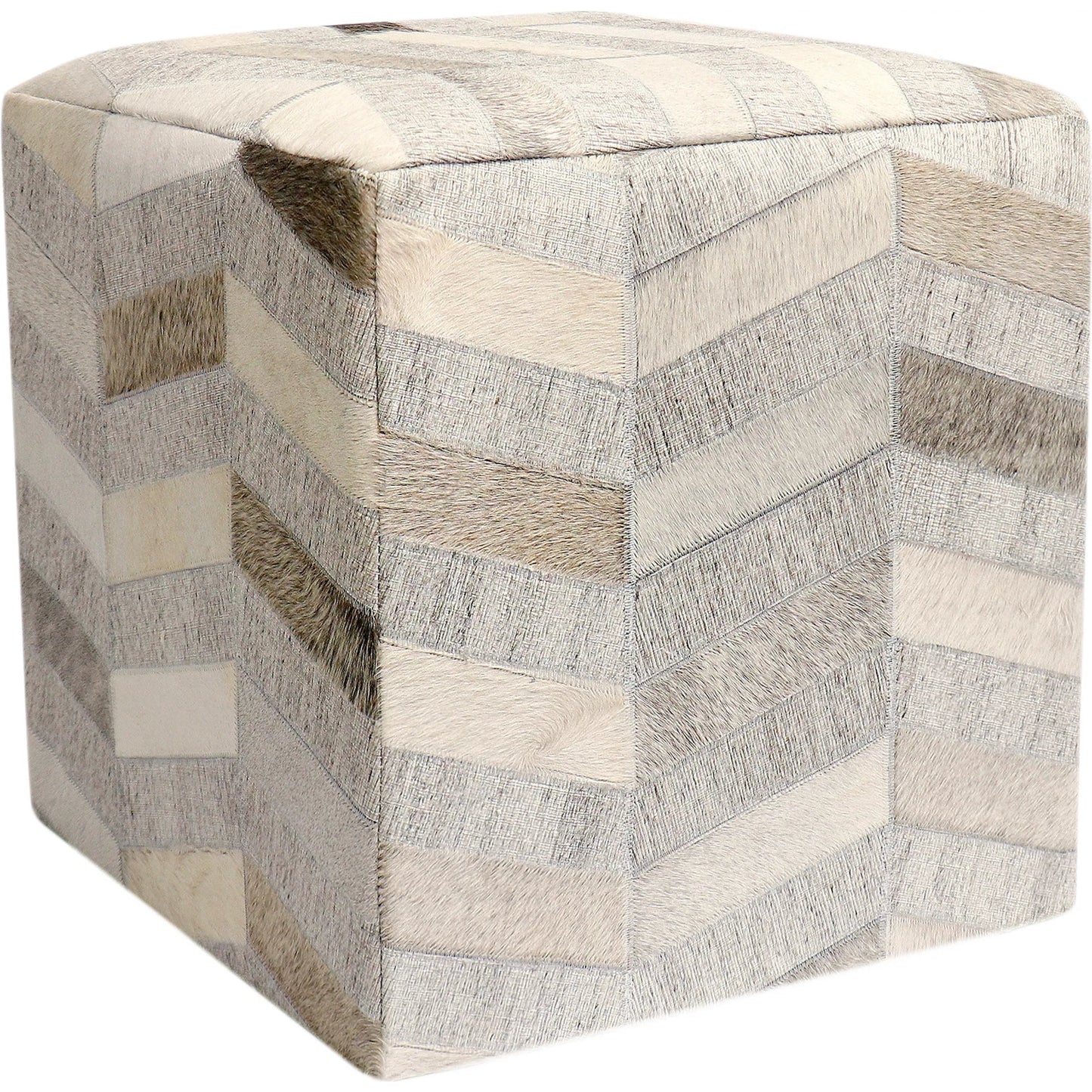001 SI-2388481 | Primary Silo | Galaxy Cowhide Zig-Zag Cube Ottoman by Pasargad Home in silver. Made from cowhide, sari silk in a eclectic & global style.