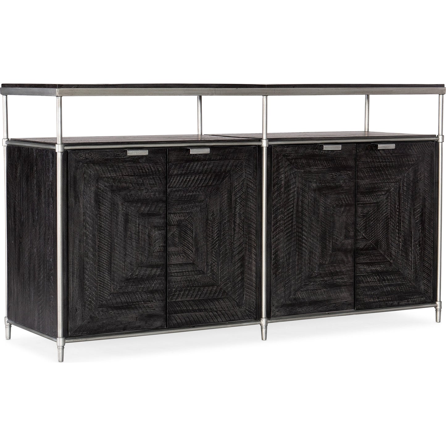 001 SI-1749748 | Primary Silo | St. Armand Black Entertainment Console by Hooker Furniture in black, pewter. Made from acacia solids with round metal tube, metal sheet in a modern style.