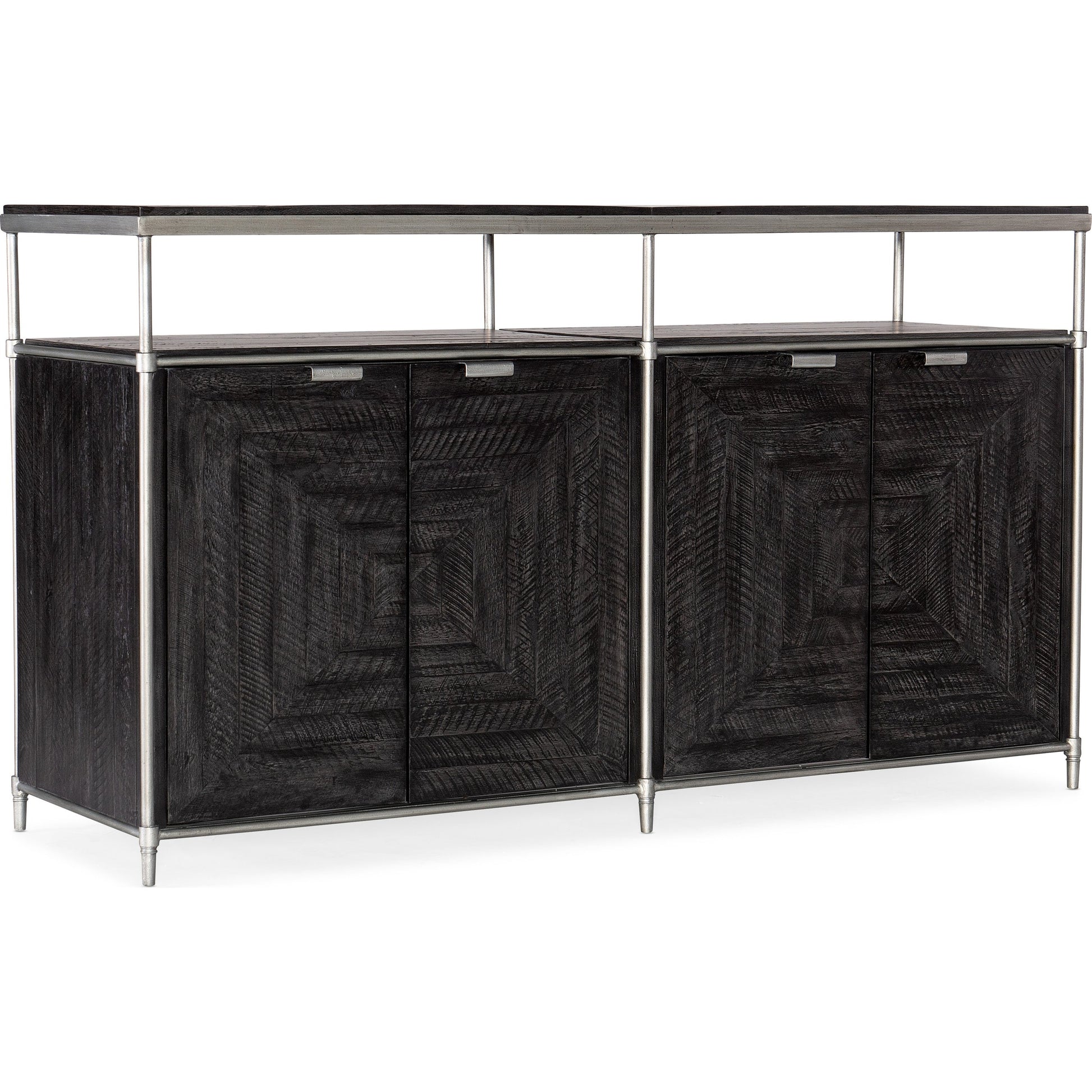 St. Armand Black Entertainment Console by Hooker Furniture in black, pewter. Made from acacia solids with round metal tube, metal sheet in a modern style.