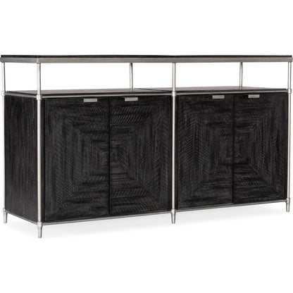 St. Armand Black Entertainment Console by Hooker Furniture in black, pewter. Made from acacia solids with round metal tube, metal sheet in a modern style.