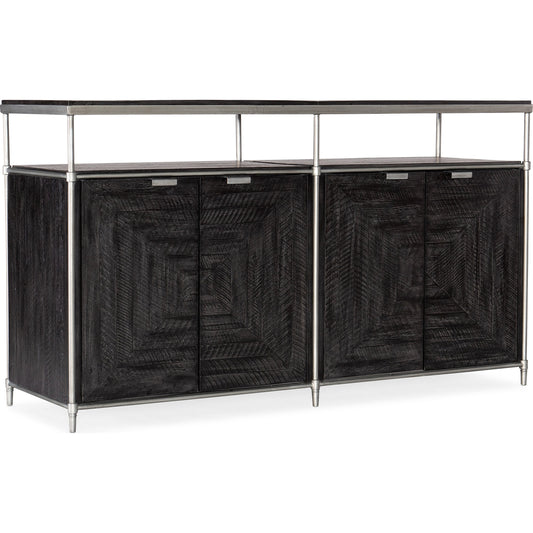 St. Armand Entertainment Console by Hooker Furniture in black, pewter. Made from acacia solids with round metal tube, metal sheet in a modern style.