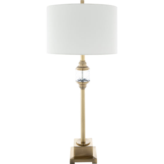 Prestwood Table Lamp by Surya in body: aqua, metallic - brass, blue, base: metallic - brass, shade: white, finial: metallic - brass, harp: metallic - brass, cord: translucent and brushed, translucent. Made from body: meta