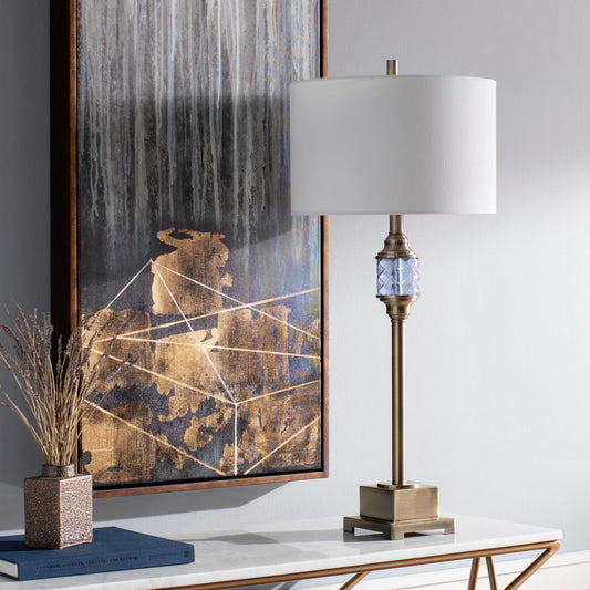 Prestwood Table Lamp by Surya in body: aqua, metallic - brass, blue, base: metallic - brass, shade: white, finial: metallic - brass, harp: metallic - brass, cord: translucent and brushed, translucent. Made from body: metal, gla