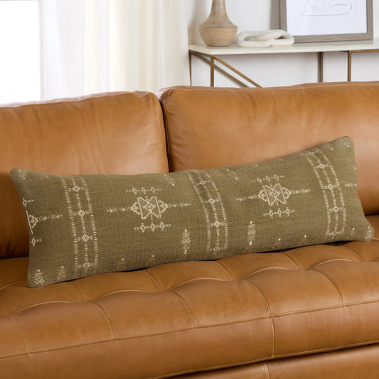 Puebla Tarik Pillow by Jaipur Living in olive green, cream. Made from 100% cotton in a cottage & farmhouse style.