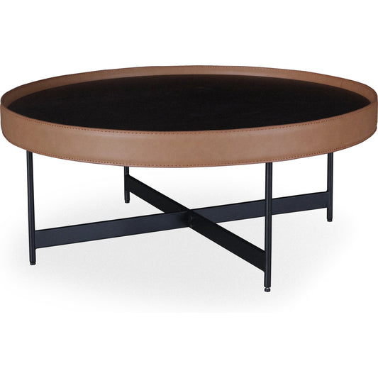 Puck Coffee Table by Surya in top: brown, base: black and painted. Made from top: manufactured wood, base: metal in a modern style.
