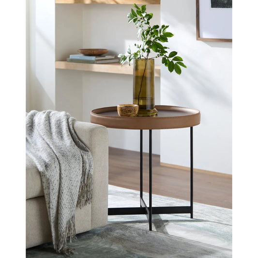 Puck Coffee Table by Surya in top: brown, base: black and painted. Made from top: manufactured wood, base: metal in a modern style.