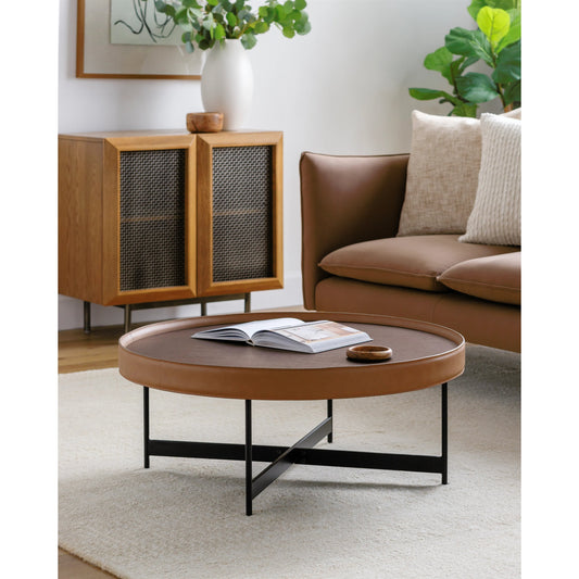 Puck Coffee Table by Surya in top: brown, base: black and painted. Made from top: manufactured wood, base: metal in a modern style.