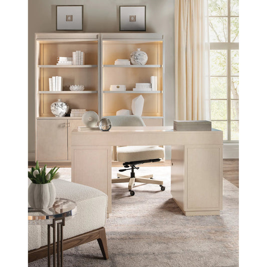Marlowe Bookcase by Hooker Furniture in light wood and polished limestone, quartered oak veneers. Made from white oak solids, white oak veneers in a unique style.