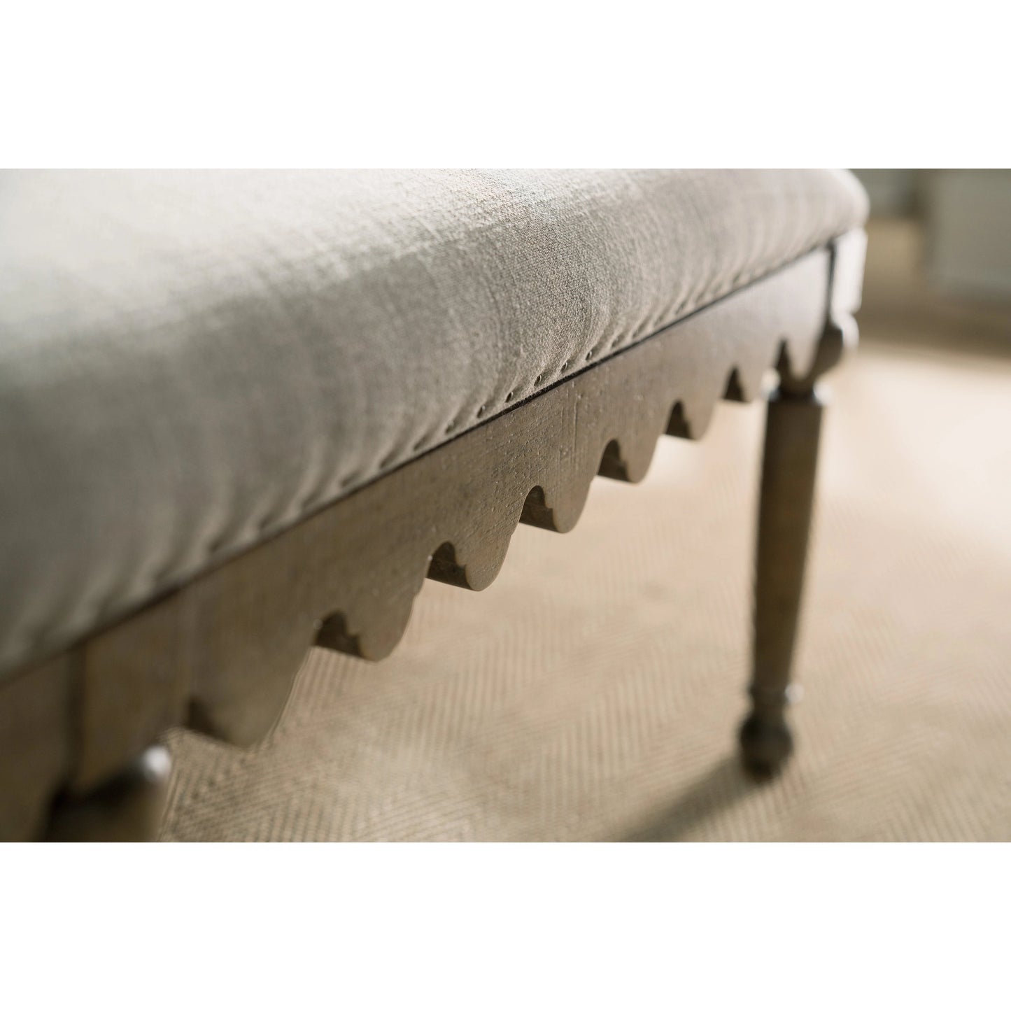 008 SI-1748447 | Closeup | Madera Bed Bench by Hooker Furniture in grey and light brown, soft gray. Made from fabric in a traditional style.