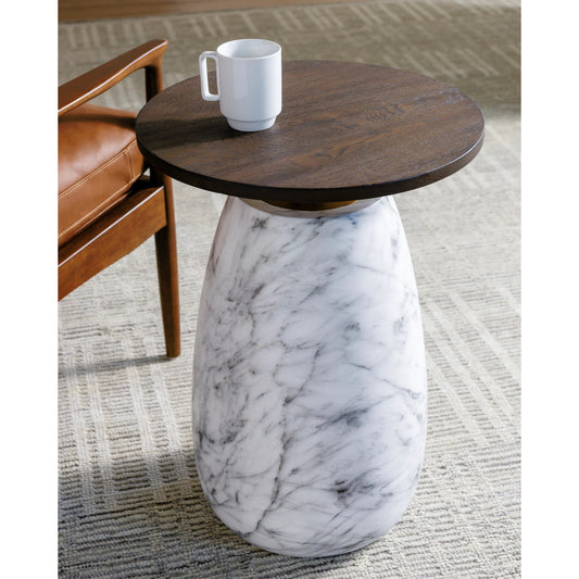 Pupil Dark Brown End Table by Surya in top: dark brown, base: white, gold and hand paintedbrushedblackened. Made from wood veneer, resin, stainless steel in a modern style.