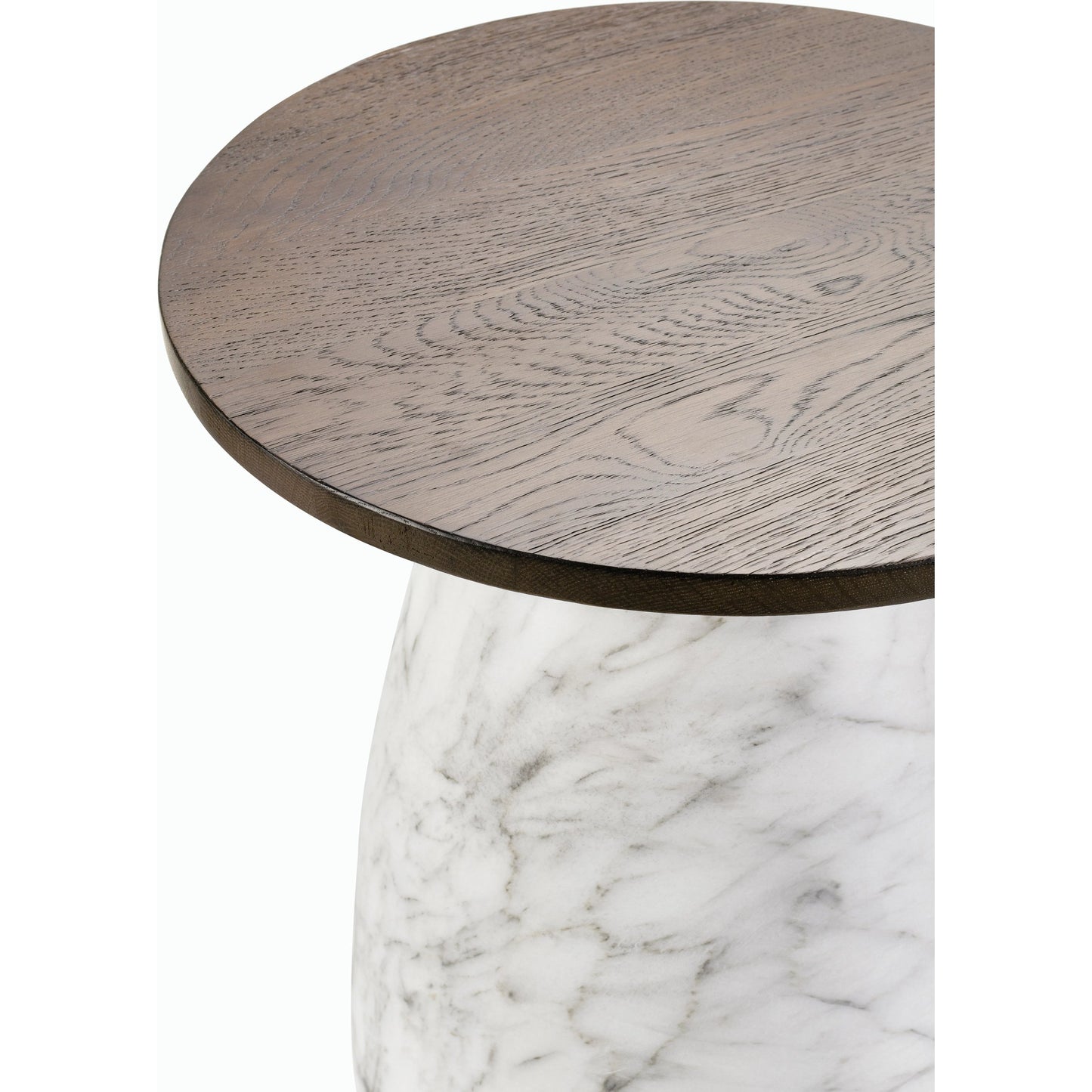 003 SI-2164088 | Closeup | Pupil Dark Brown End Table by Surya in white, gold, dark brown and hand paintedbrushedblackened. Made from wood veneer, resin, stainless steel in a modern style.