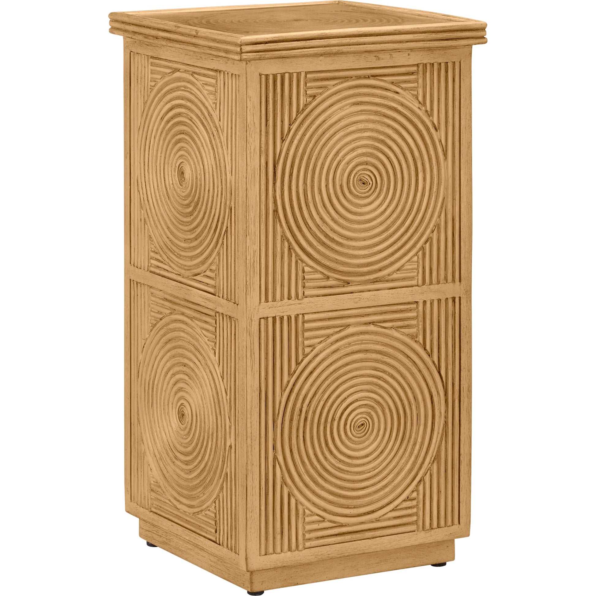 Santos Accent Table by Currey and Company in sea sand, clear. Made from rattan, mahogany, glass in a transitional style.