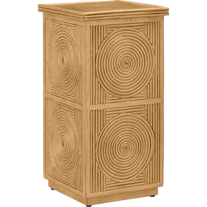 Santos Accent Table by Currey and Company in sea sand, clear. Made from rattan, mahogany, glass in a transitional style.