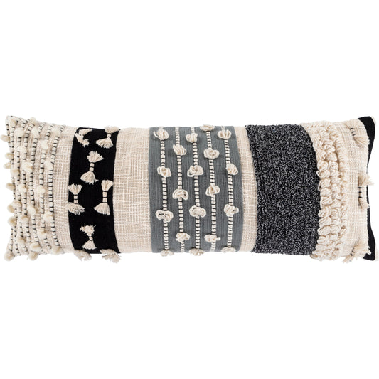 Povia Pillow - 16314 by Surya in black, medium gray, cream, light beige, off-white. Made from cotton in a rustic style.
